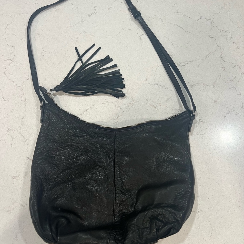 Margot Black Leather Hobo Bag with Tassel